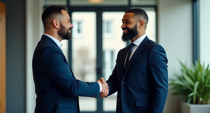 Two professionals shaking hands in a modern London office